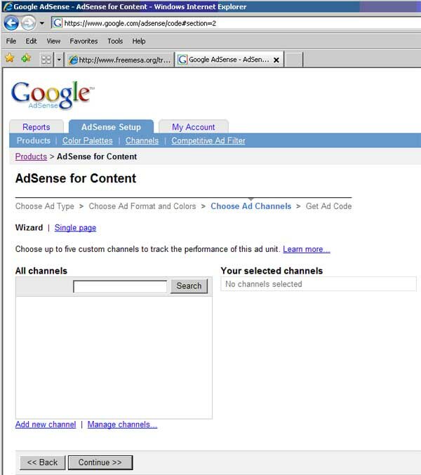 freecycle group revenue sharing - selecting channels, click continue