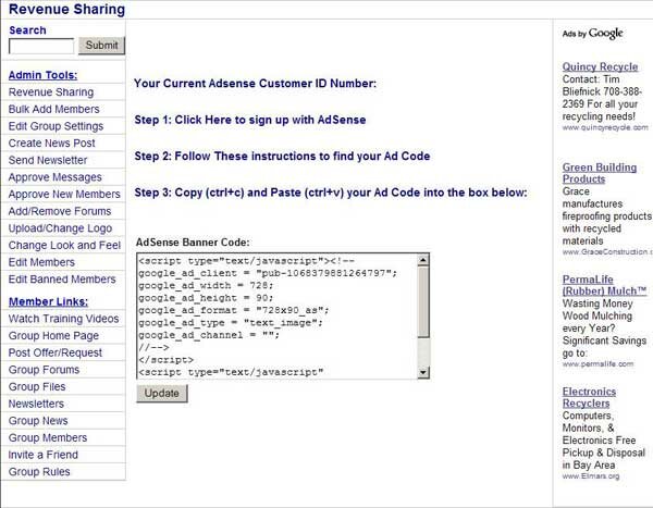 freecycle group revenue sharing - paste the adcode into your group page. Done!