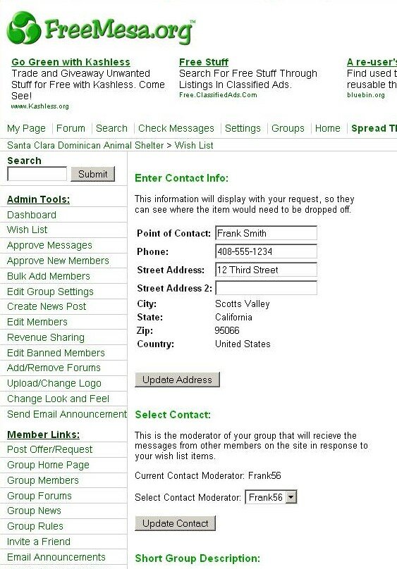 enter the details for the freecycle contact